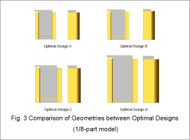 Fig. 3 Comparison of Geometries between Optimal Designs (1/8-part model)