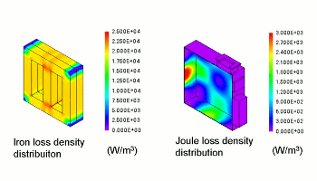 Fig. 2 Iron loss density distribution in the core and joule loss in the case