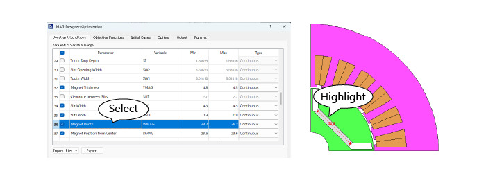 Dimension Parameter Highlighting Linked to the Optimization Setting Dialog 