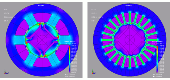 Fig. 6 Iron loss distribution contours Concentrated winding (left) and distributed winding (right)