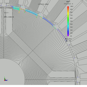 Fig. 4 Magnetic Flux Lines and Nodal Force Vector Plots in a Motor (Enlarged)