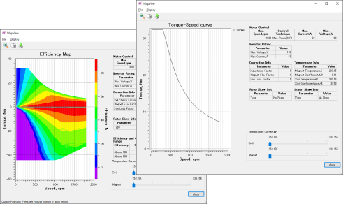 Displaying the output characteristics and efficiency map of the motor model
