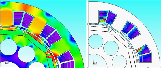 左：磁束密度コンター図、右：ジュール損コンター図