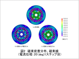 図2 磁束密度分布、磁束線 (電流位相：20(deg) 1ステップ目)