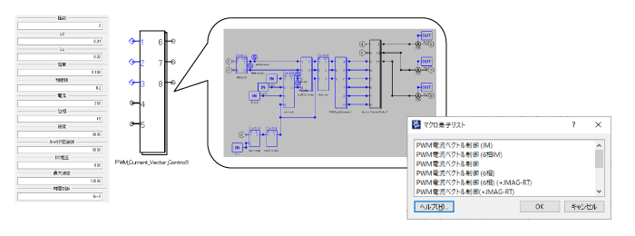電流ベクトル制御のマクロ素子と設定パネル